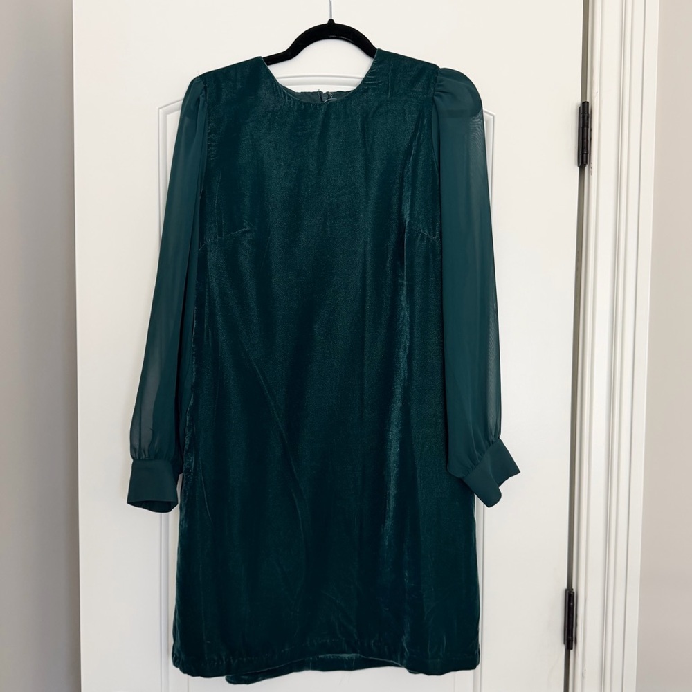 NWT J.Crew Factory Green Velvet Dress with Sheer Sleeves - Size 10
